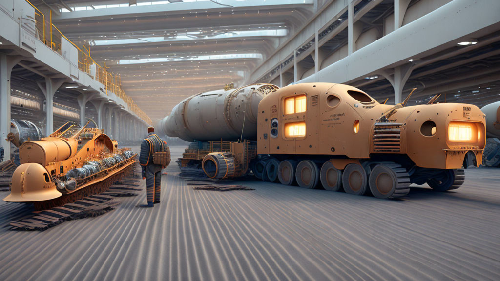 Futuristic machinery in industrial hall with cylindrical modules and caterpillar tracks