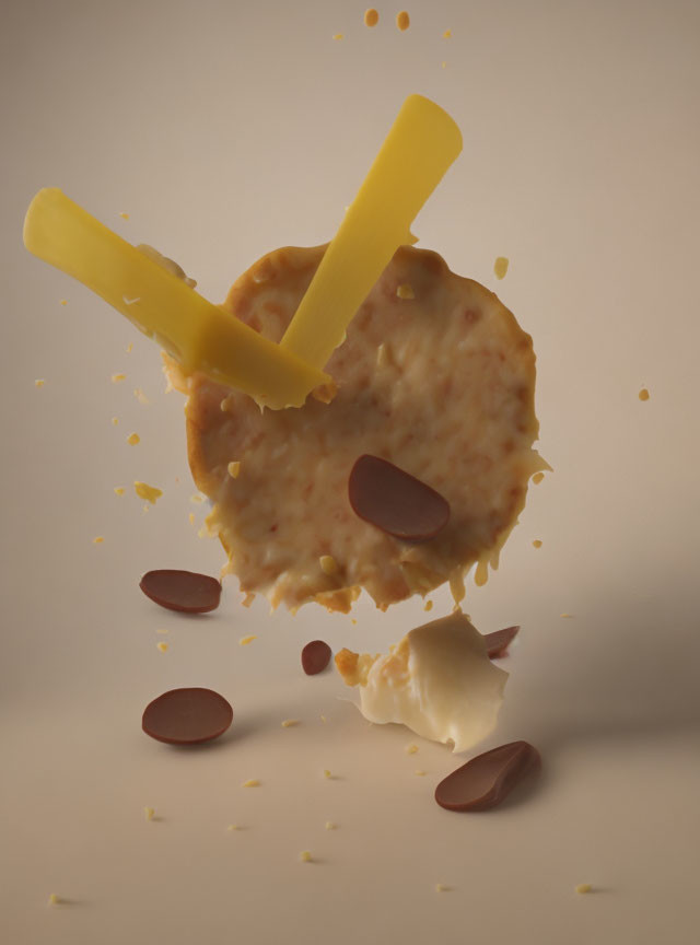 Levitating Cracker with Cheese and Almonds, Ingredients Scattered Around