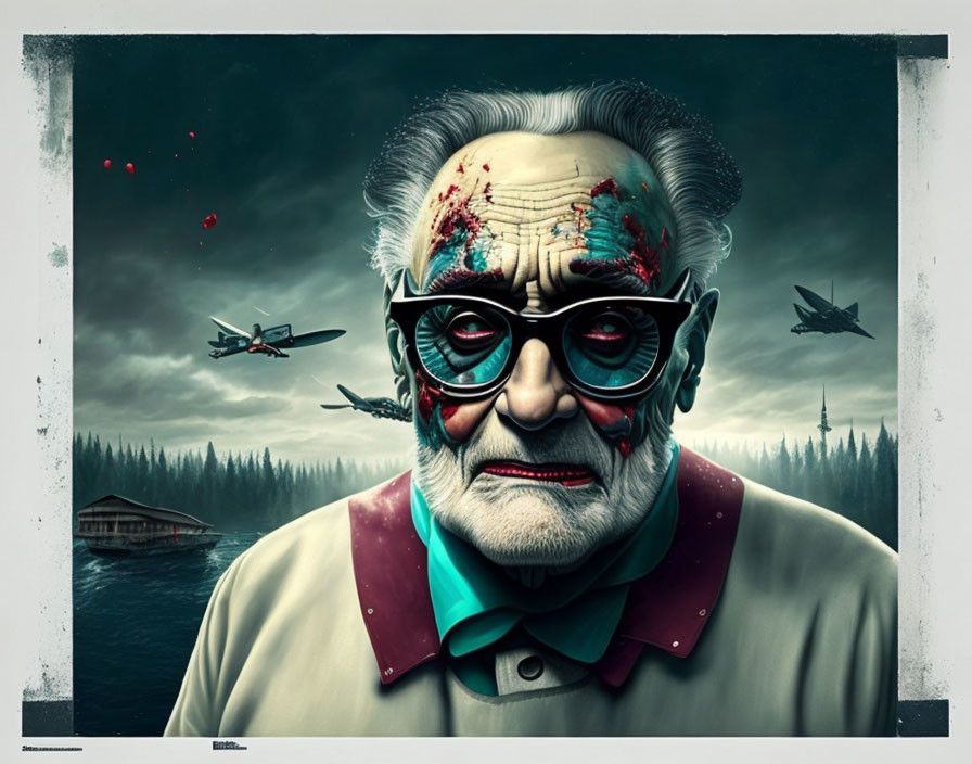 Elderly Man with Red Goggles in Warplanes Scene