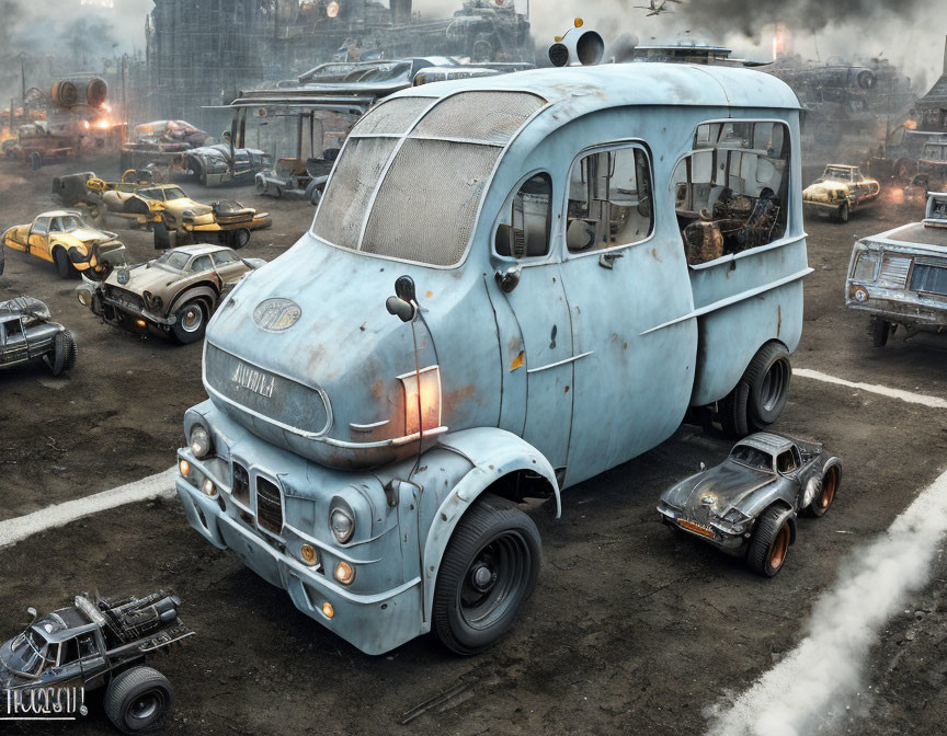 Armored futuristic vehicle in post-apocalyptic scene with classic cars