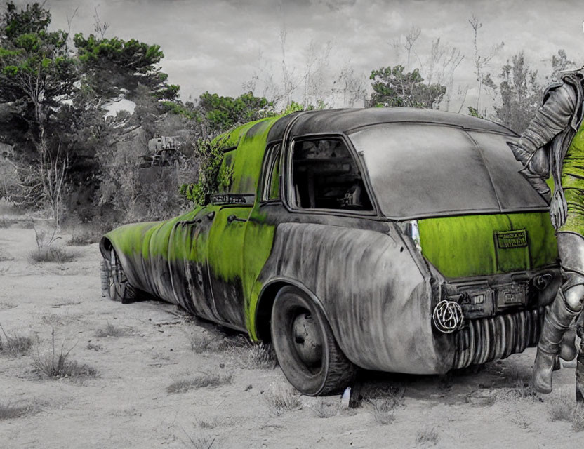 Monochrome photo of person leaning on moss-covered car with colorized green hues