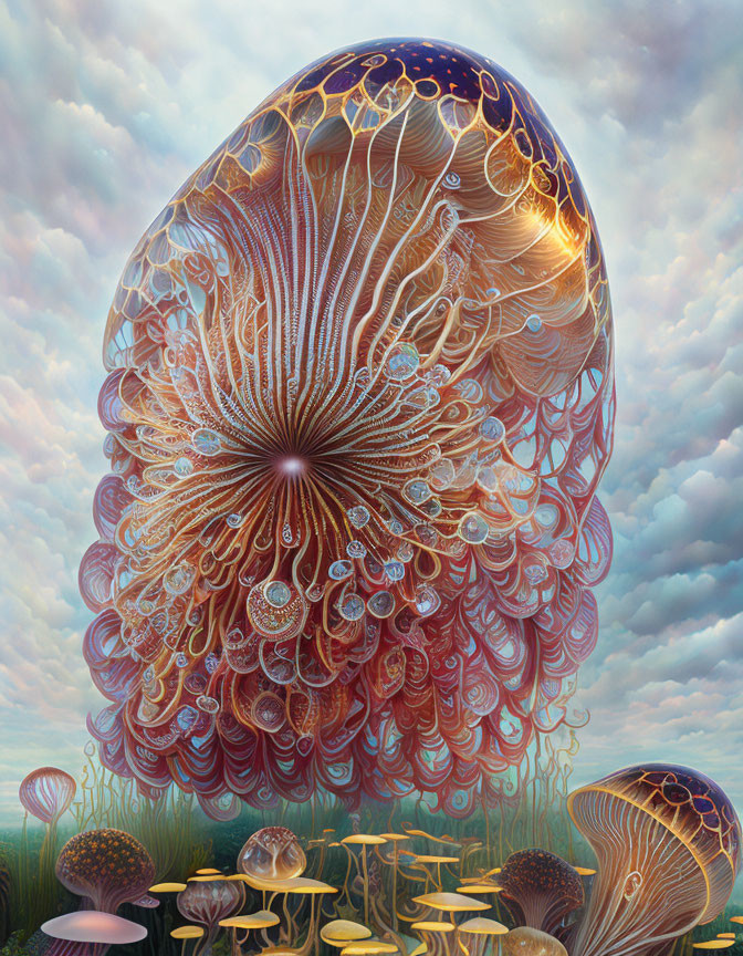 Surreal Jellyfish-Like Entity Floating Above Mushroom Landscape