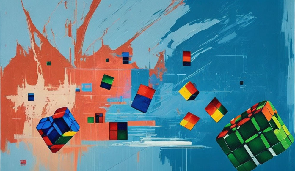 Colorful Abstract Art with Rubik's Cube-Inspired Shapes and Vibrant Red and Blue Spl