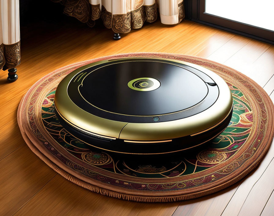 Robotic vacuum cleaner on circular rug in room with wooden flooring