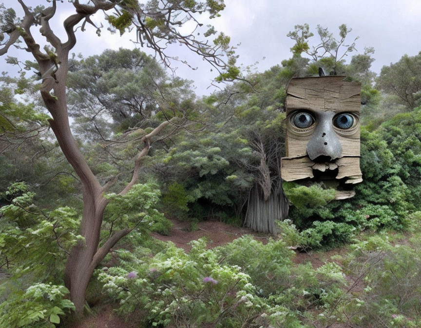 Surreal wooden face sculpture in forest landscape