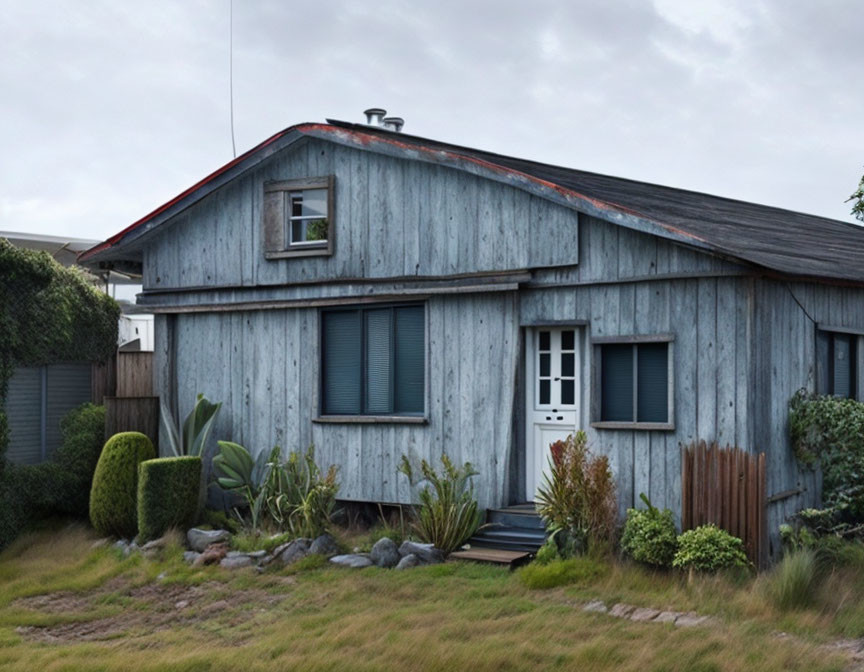 Weathered wooden house with blue shutters and door in garden under cloudy sky