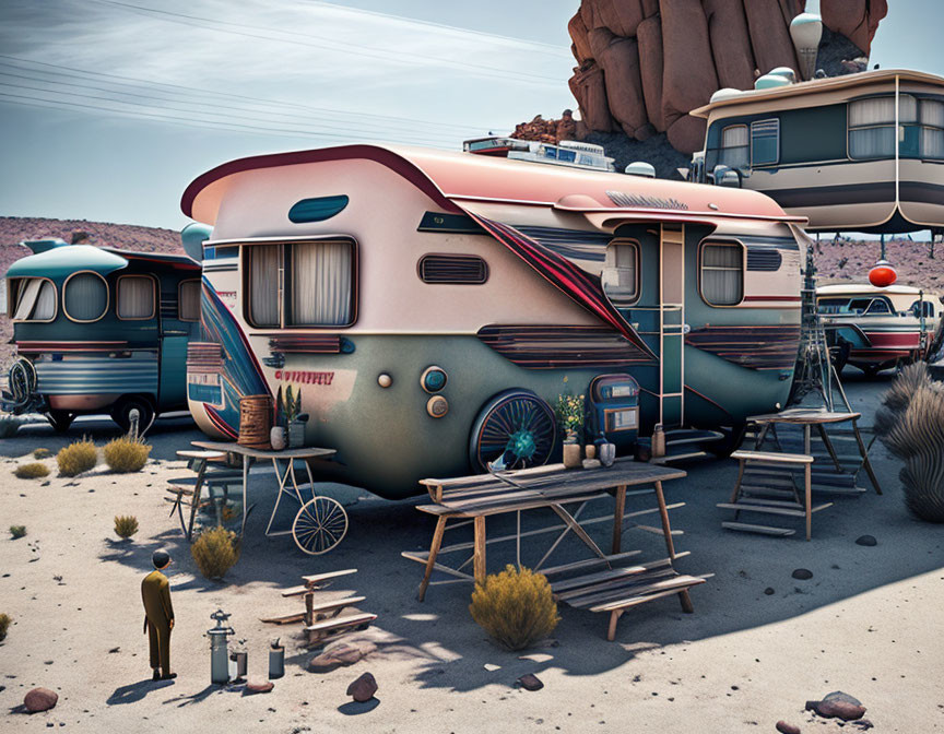 Retro-futuristic caravans in desert with person and picnic tables