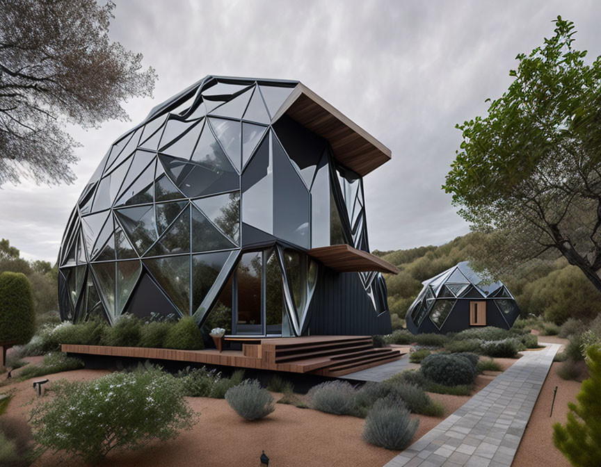 Geometric glass house in wooded setting with similar structure.