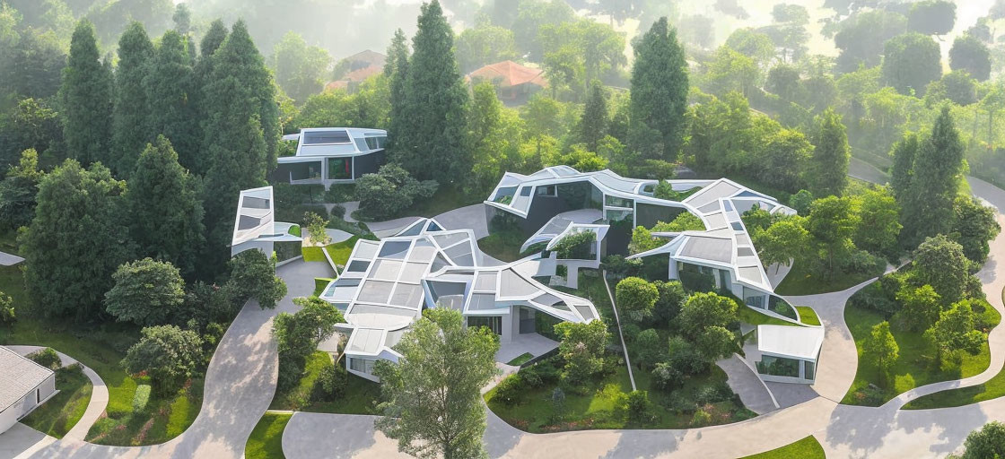 Modern residential complex with geometric houses in lush green setting