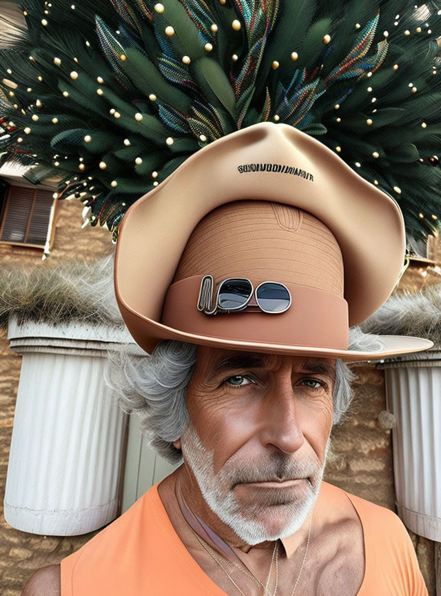 Grey-Haired Man in Cowboy Hat and Vest by Decorated Tree