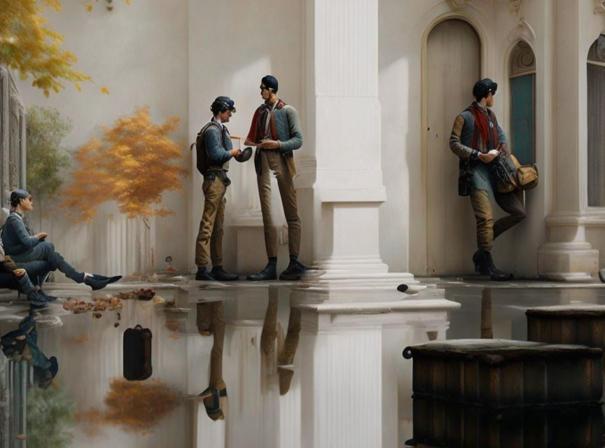 Vintage Attired Trio Conversing by Classical Architecture and Reflective Water