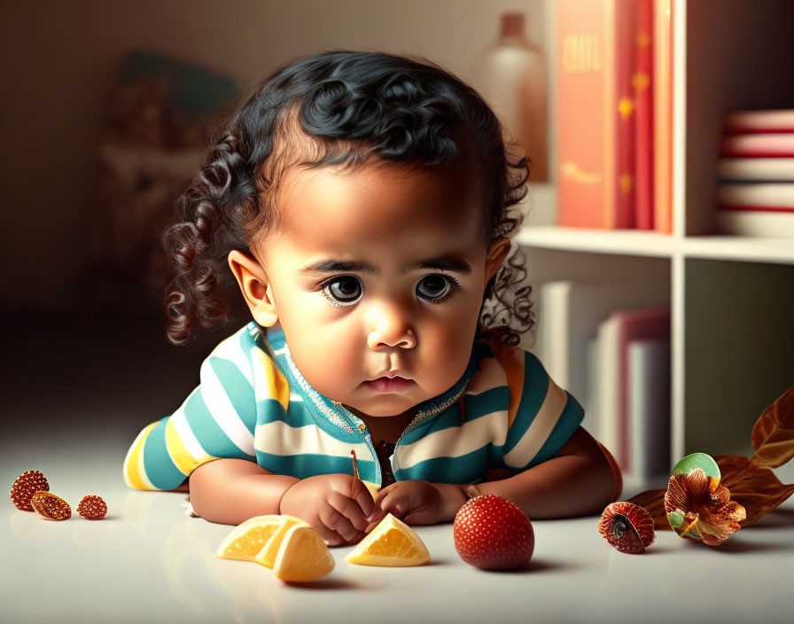 Curly-Haired Baby Surrounded by Fruits and Books