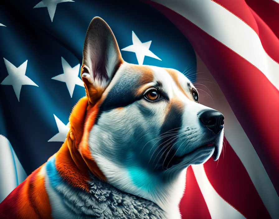 Serious dog portrait in front of American flag