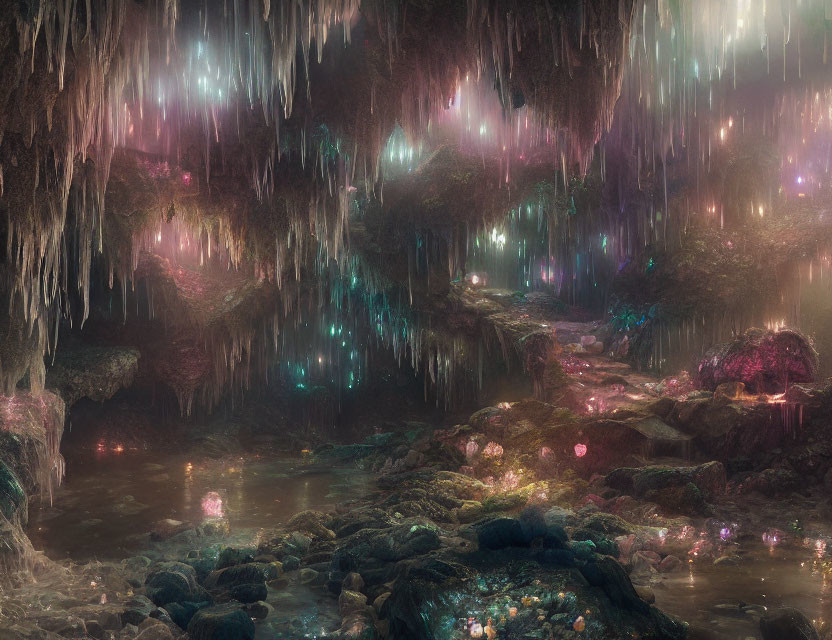 Ethereal cave with radiant multicolored light, serene pond, and stalactites