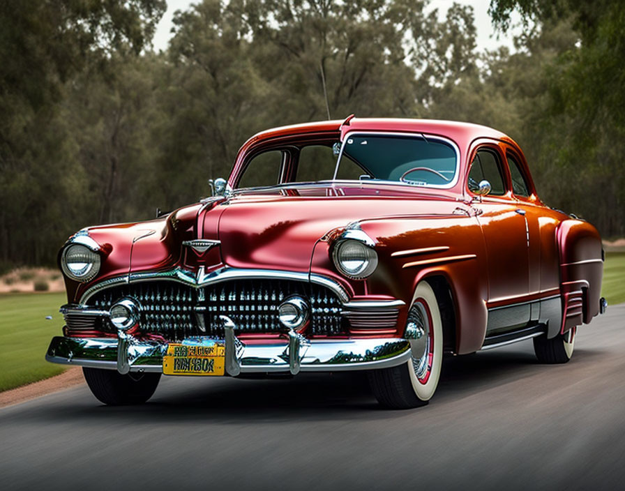 Vintage Red Car in Motion on Greenery Road