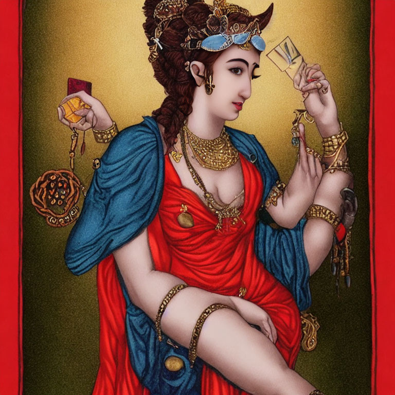 Traditional Indian Attire Woman with Cards on Red and Gold Background