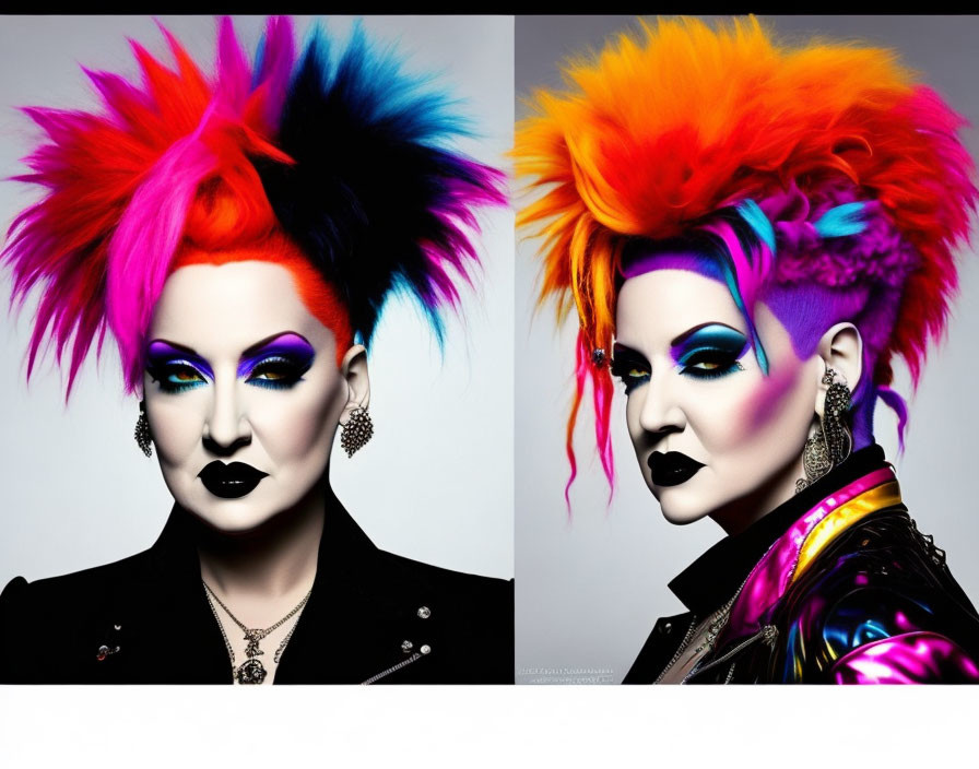 Vibrant punk-inspired makeup and spiked hair in two portraits.