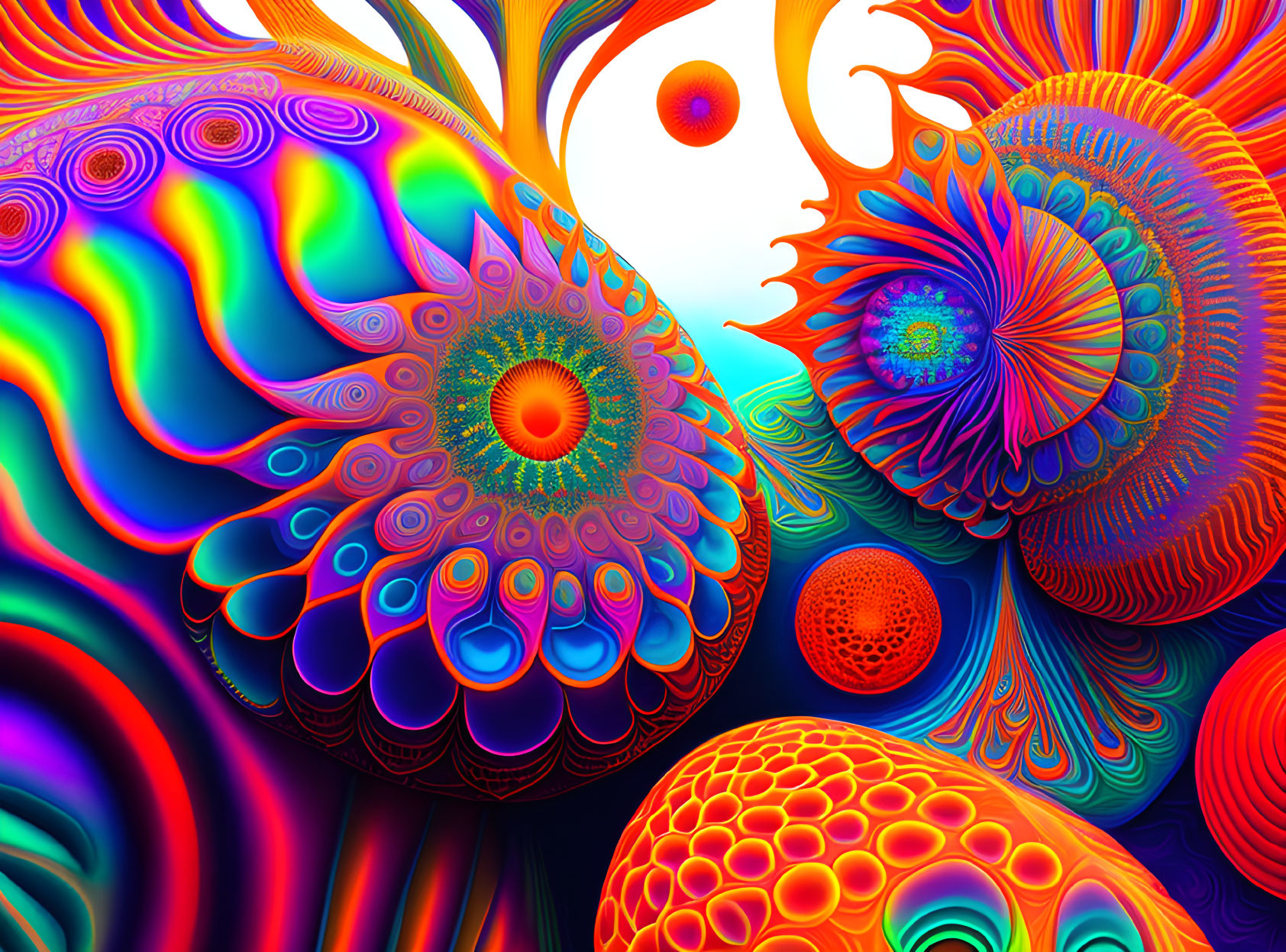 Colorful Psychedelic Art with Swirling Patterns & Peacock Feather Shapes