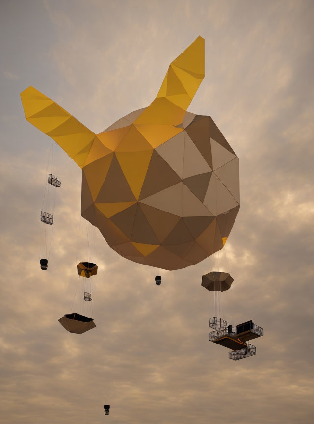 Geometric balloon structure with hanging baskets in cloudy sky