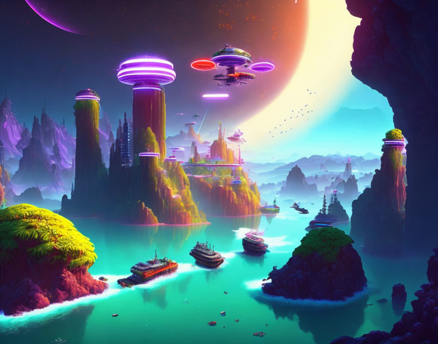 Futuristic alien landscape with floating islands and spaceships