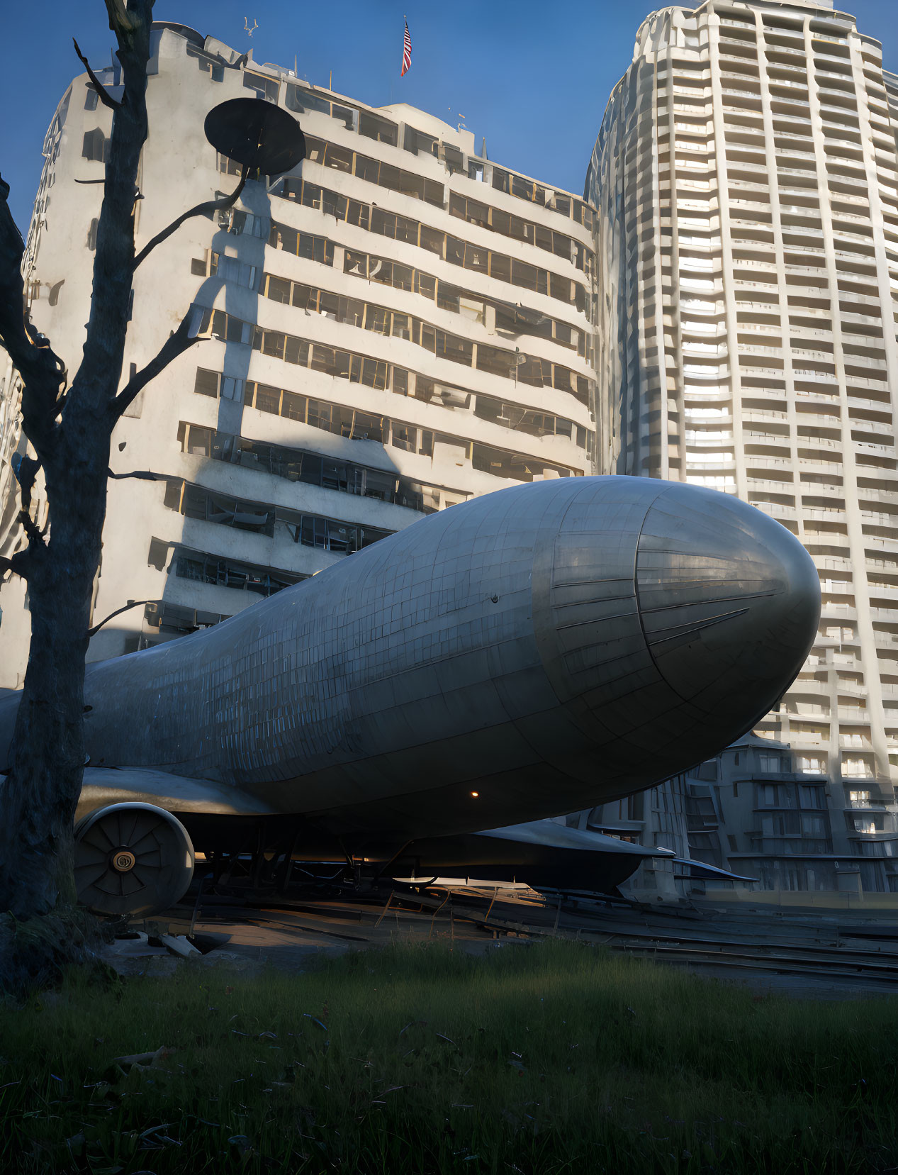 Futuristic bullet-shaped capsule parked between high-rise buildings and tree