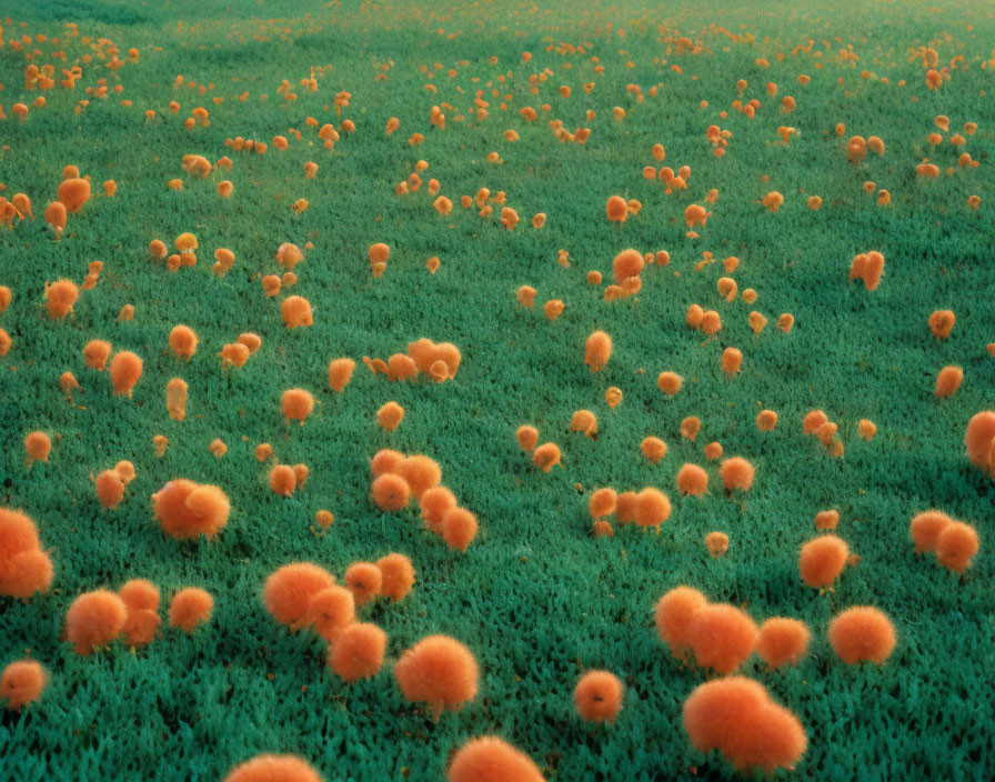 Vibrant orange fluffy plants in lush green field