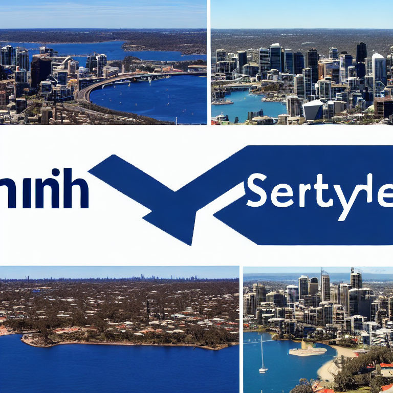 Aerial Photograph Collage of City Skyline with Blue Waters and Logo