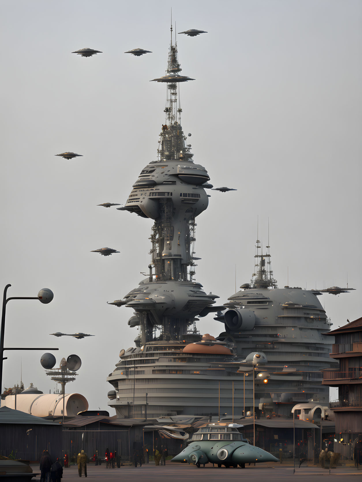 Futuristic cityscape with towering structures and flying vehicles