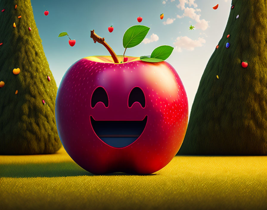 Smiling apple with face amidst falling petals on grass between trees under clear sky