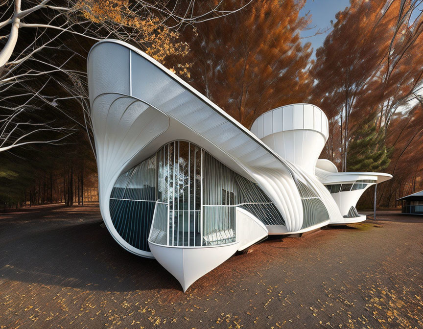 Modern white building in autumn forest with glass windows