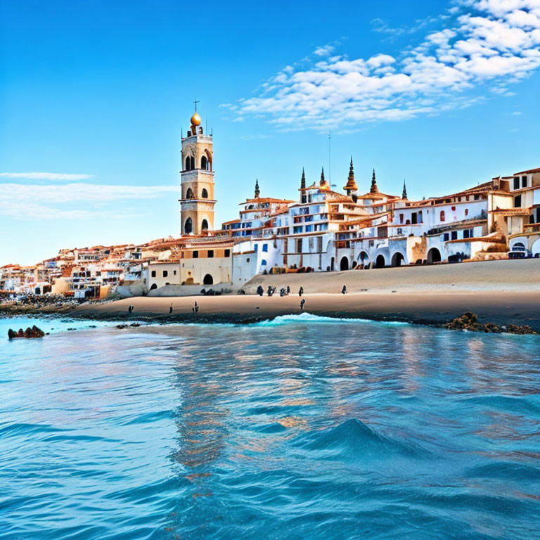 Scenic coastal town with bell tower, white buildings, and sandy beach