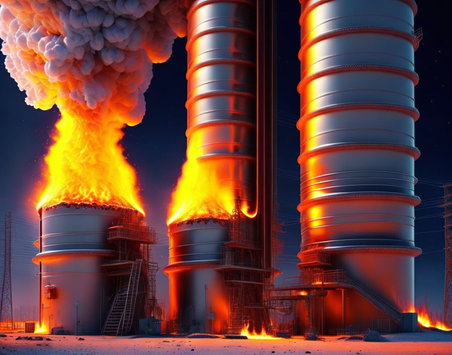 Nighttime industrial facility: towering silos engulfed in flames with billowing smoke under twilight sky