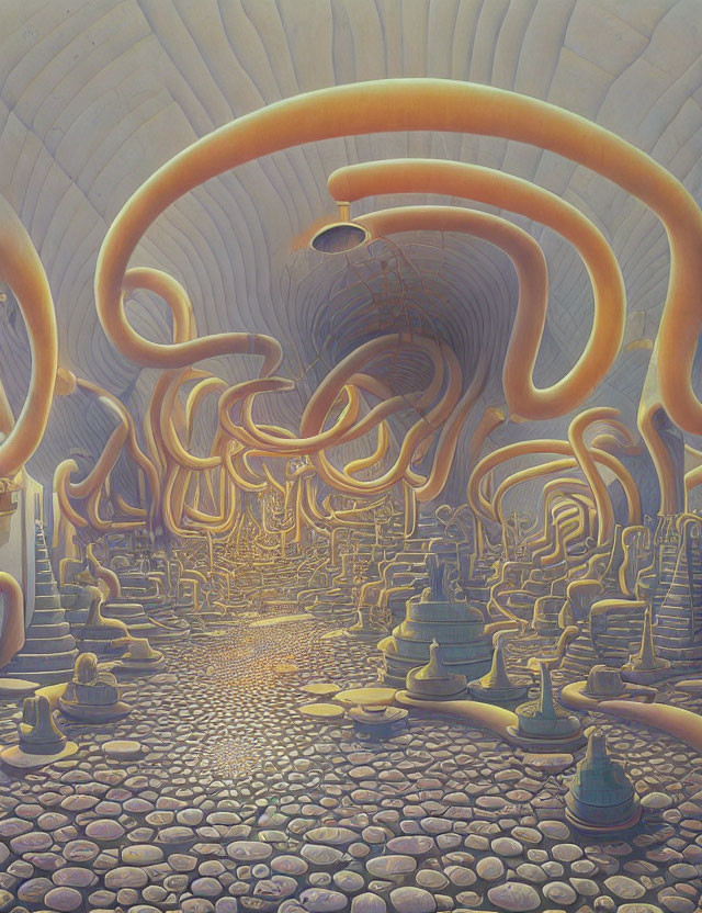 Surreal artwork: Tentacles, chess pieces, golden light in arched chamber