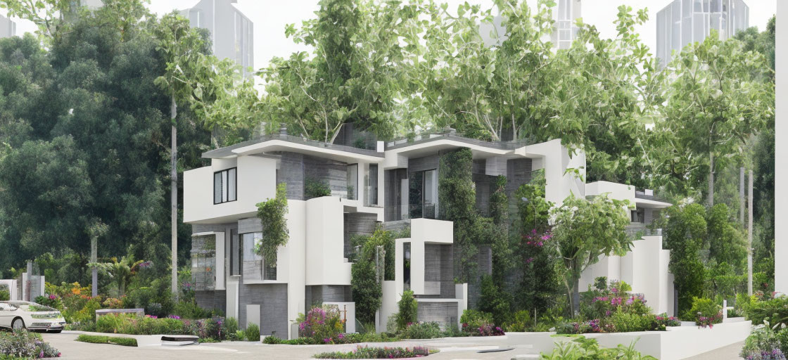 Twin Residential Houses with White and Gray Facade Amid Greenery