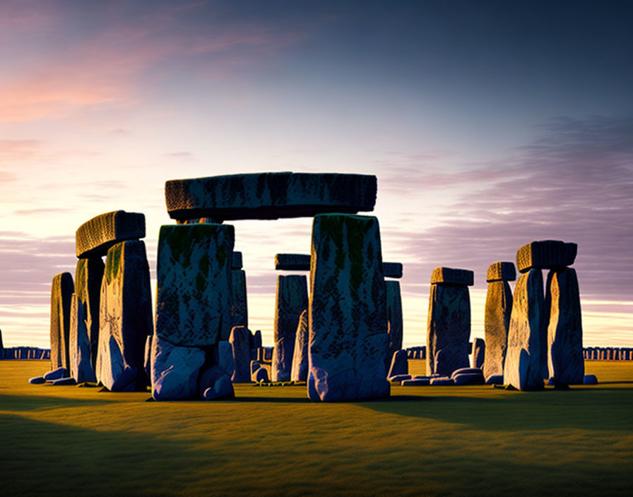 Ancient stone circle at sunrise with long shadows and colorful sky