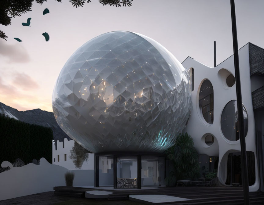 Futuristic spherical structure with geometric facade beside modern building against dusk sky.