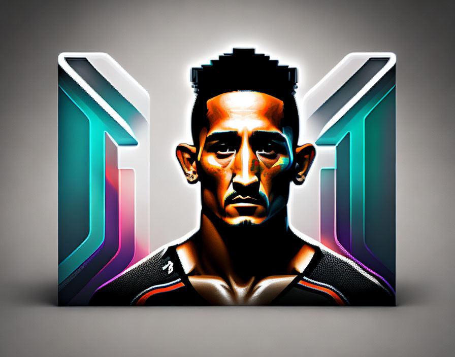 Stylized digital portrait of man with mohawk in neon graphics on grey background