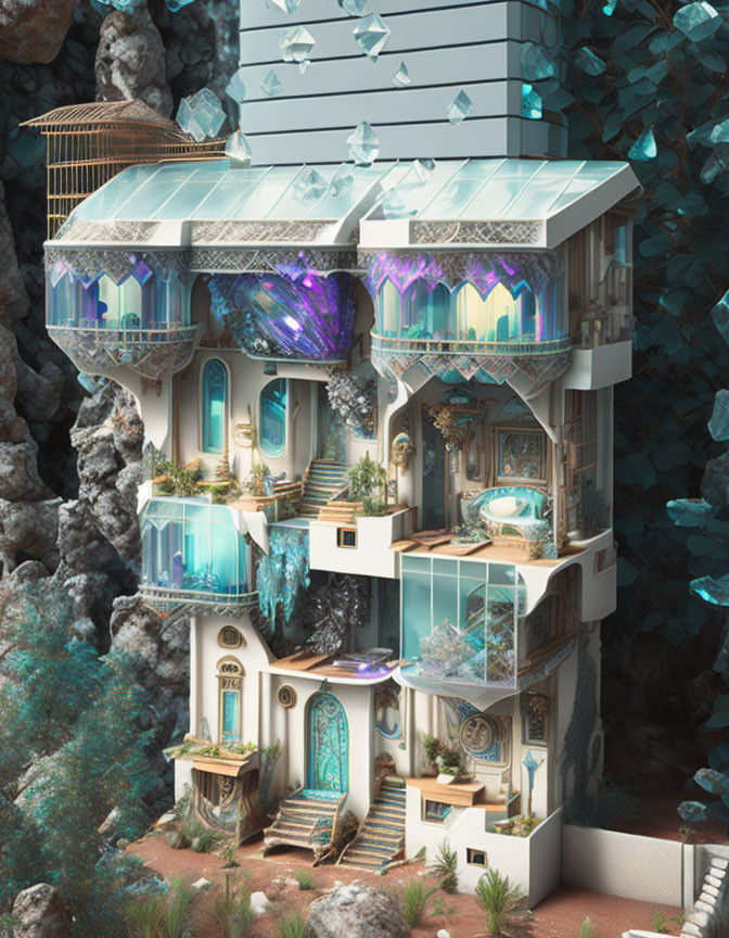 Crystal-Encrusted Building with Aquamarine Tones and Ornate Doors