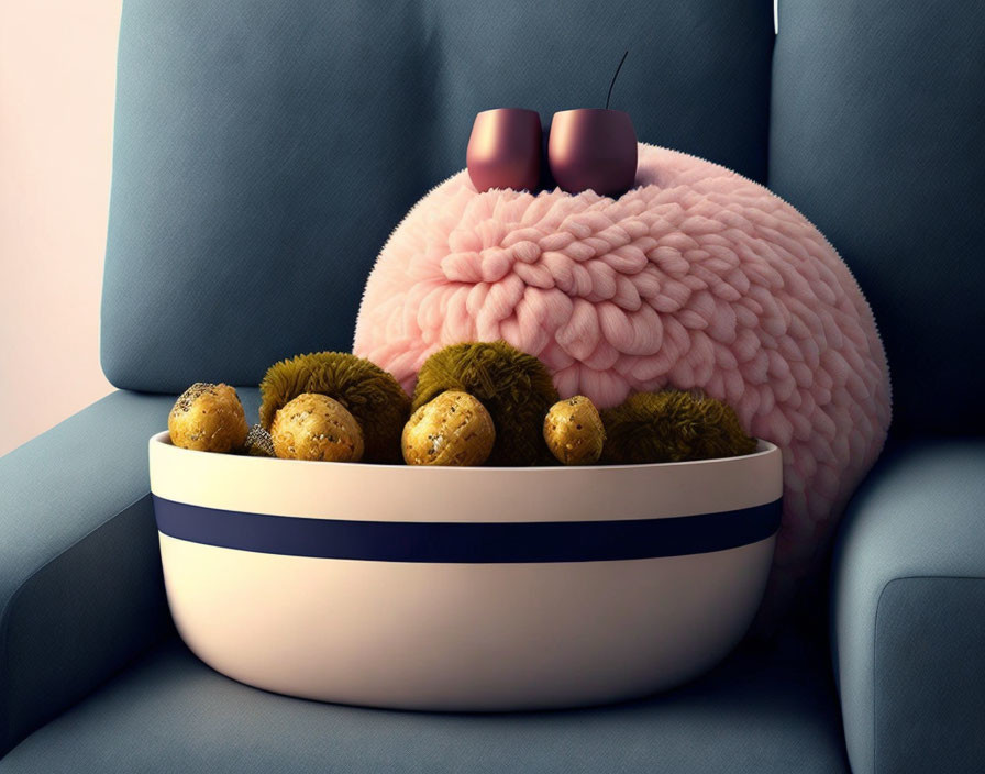 Pink Brain with Sunglasses on Blue Couch with Bowl of Potatoes