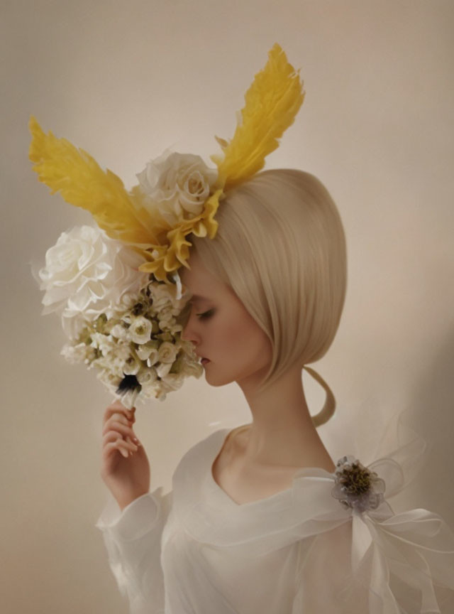 Bob Haircut Person Holding Bouquet with White Flowers and Yellow Feathers