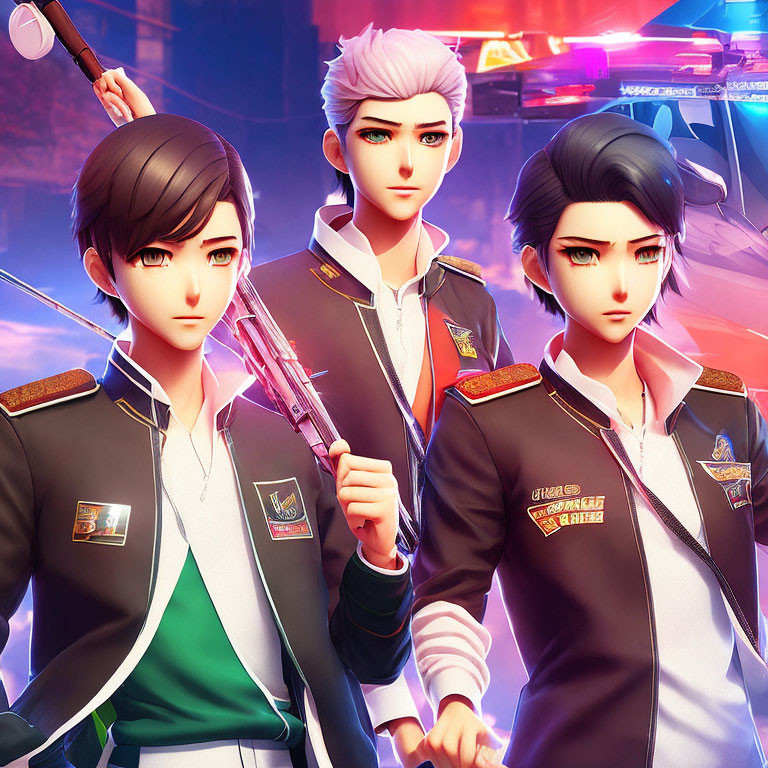 Three animated characters in police uniforms with futuristic city backdrop and glowing baton.