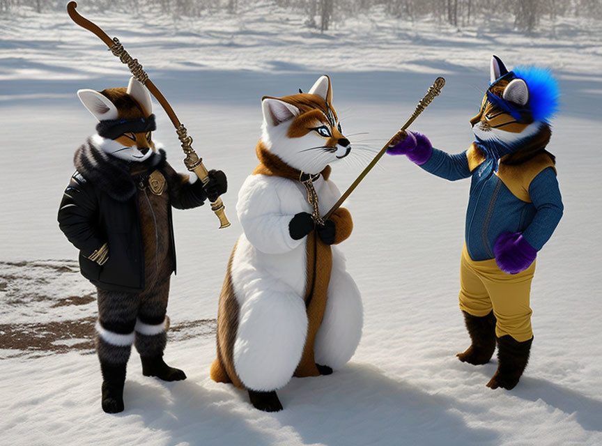 Anthropomorphic foxes in clothes with staffs on snowy landscape