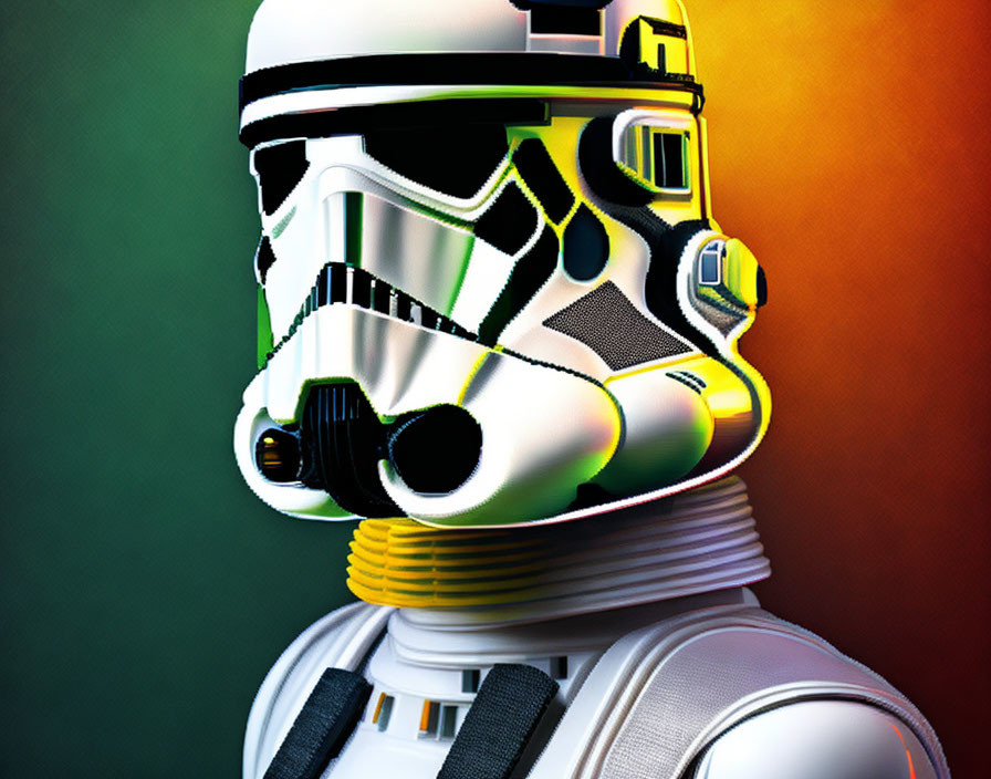 Stormtrooper helmet with colorful reflective lighting on gradient background