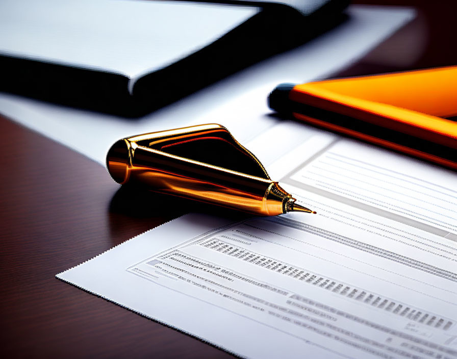 Golden pen on document with tablet and notebook on wooden desk