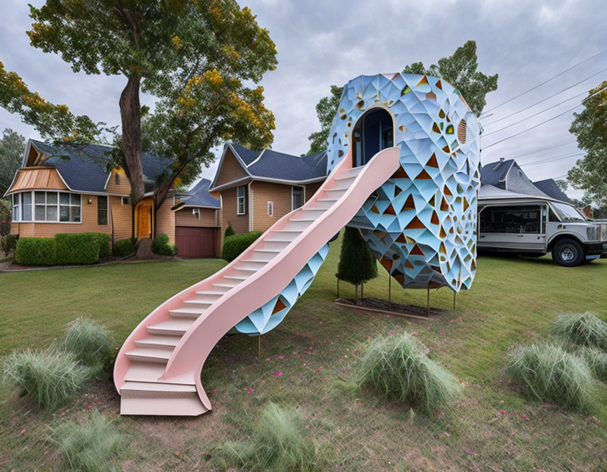 Geometric Blue Pattern Playhouse with Pink Slide in Residential Setting