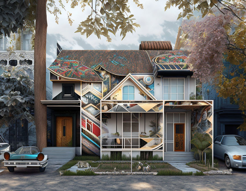 Eclectic Two-Story House with Ornate Roof, Trees, and Vintage Cars