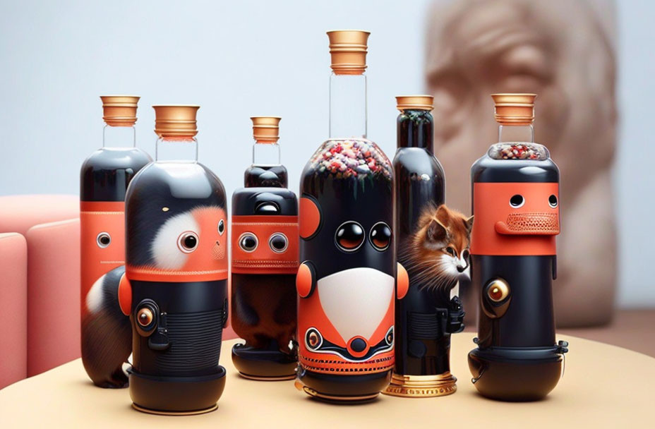 Whimsical animal-shaped bottles displayed on table