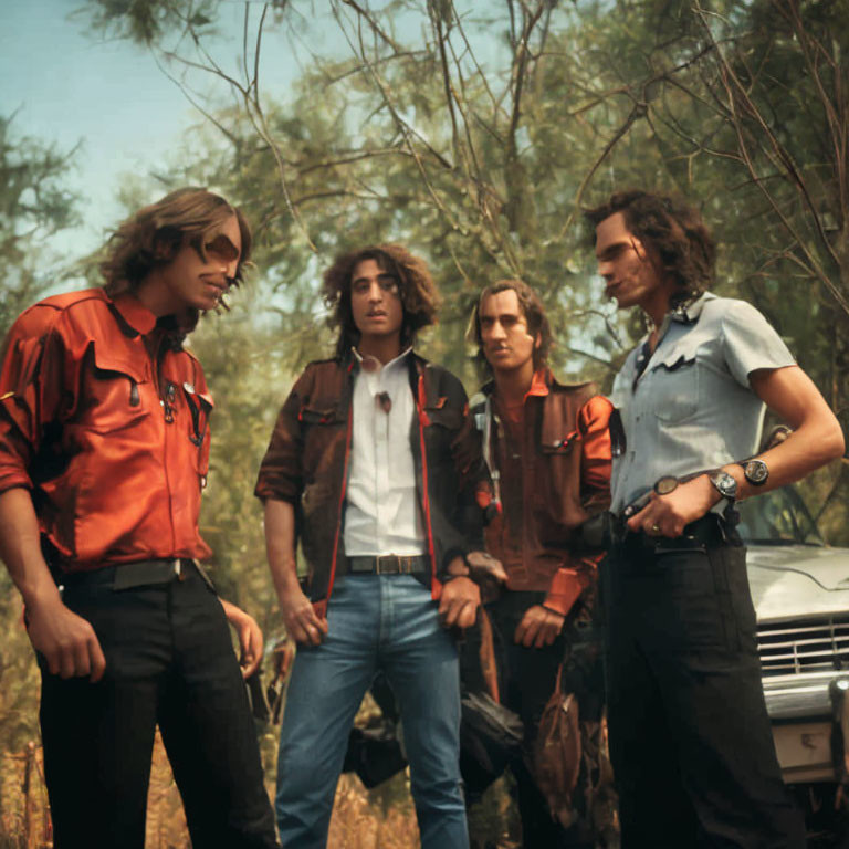 Four men in retro clothing pose next to vintage car in wooded area