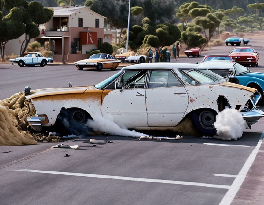 Vintage White Car Crashes into Pole with Smoke and Debris