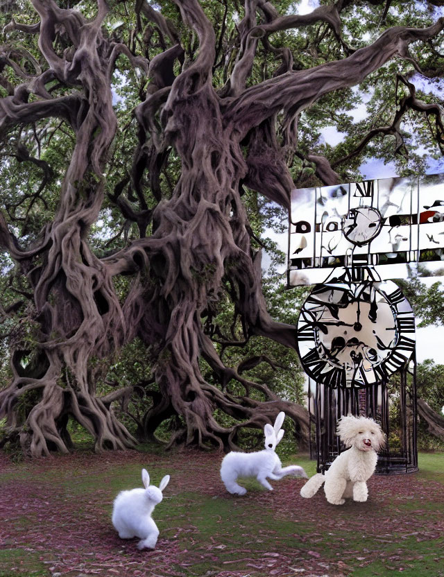 Whimsical art: Large tree, white rabbits, teddy bear, floating clock